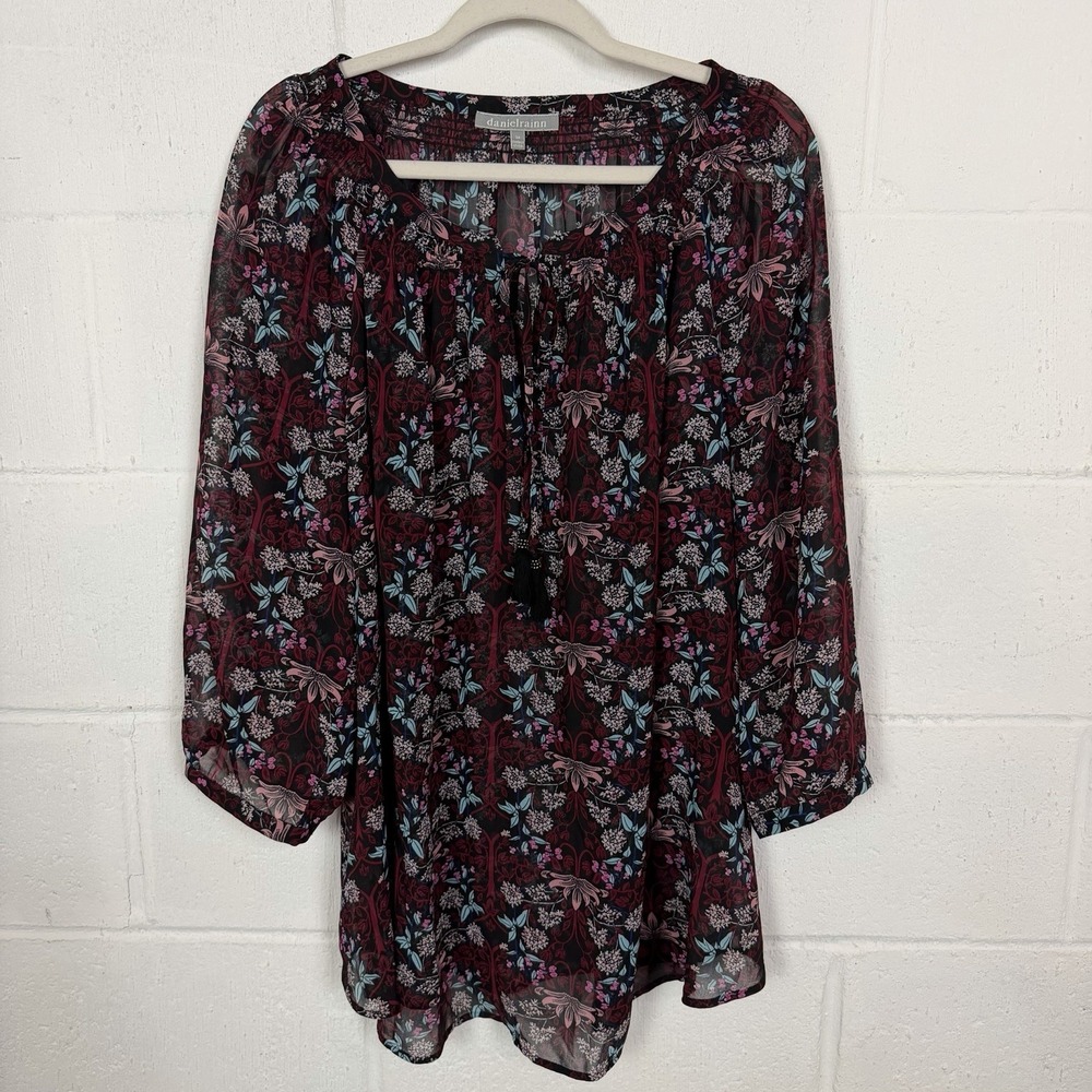 Daniel Rainn Tunic Top Smocked Floral Sheer Peasant Bohemian Cottage Romantic 3X